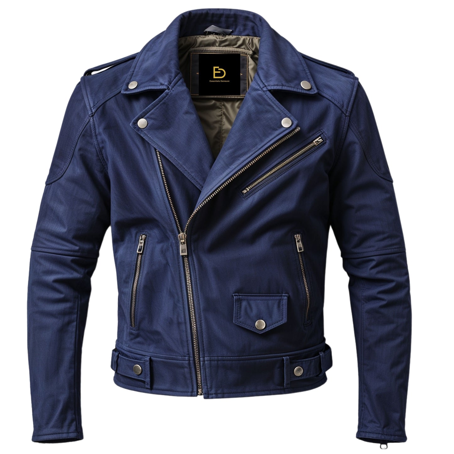 Navy Blue Biker Jacket Asymmetrical Zipper Snap Details Stylish Motorcycle Inspired Modern Urban Fashion