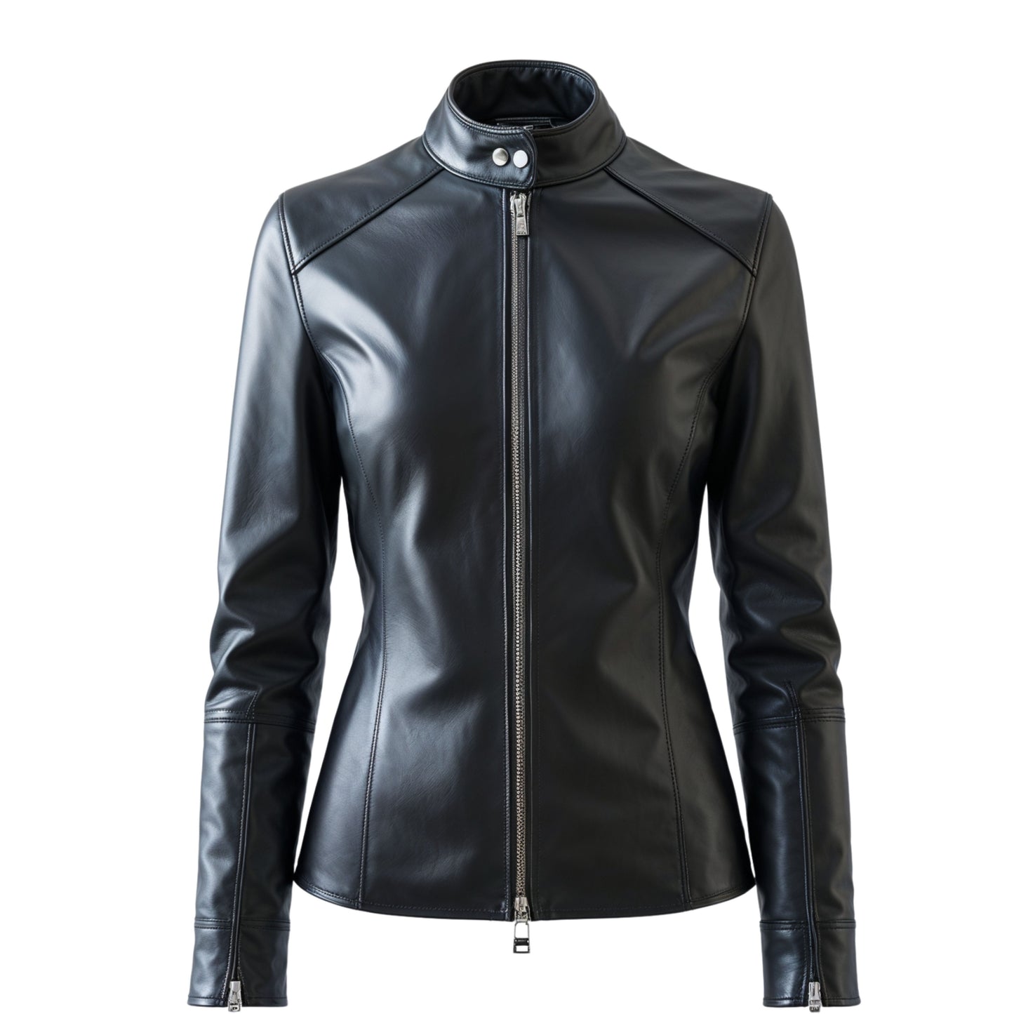 Women's Black Real Leather Cafe Racer Jacket with Stand Collar Snap Tab