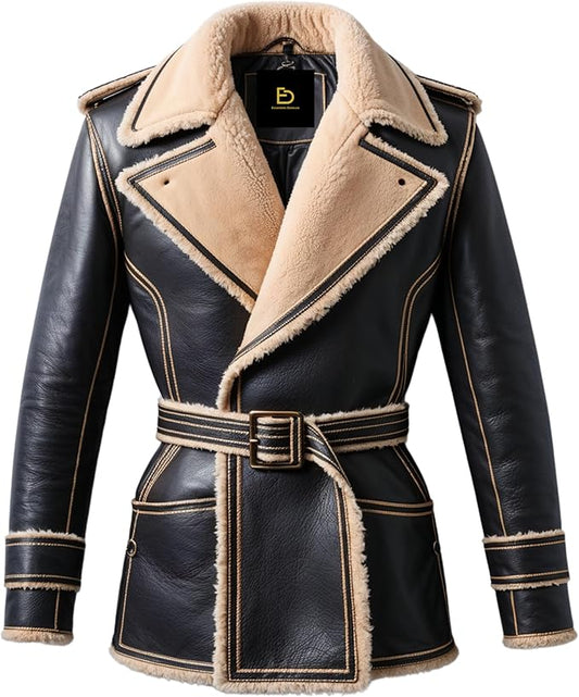 Men Black Leather Shearling Coat Cream Collar Belted Waist Luxurious Warmth Sophisticated Winter Style