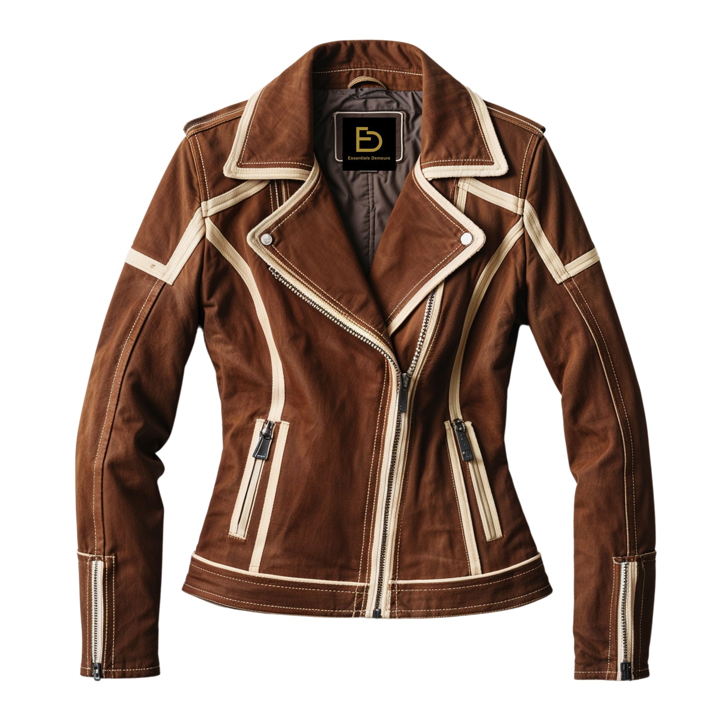 Womens Camel Brown Leather Biker Jacket with Contrast Piping and Asymmetrical Zipper