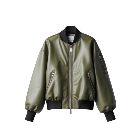 Women's Olive Green Real Leather Cropped Bomber Jacket – Flight Coat with Sleeve Pocket