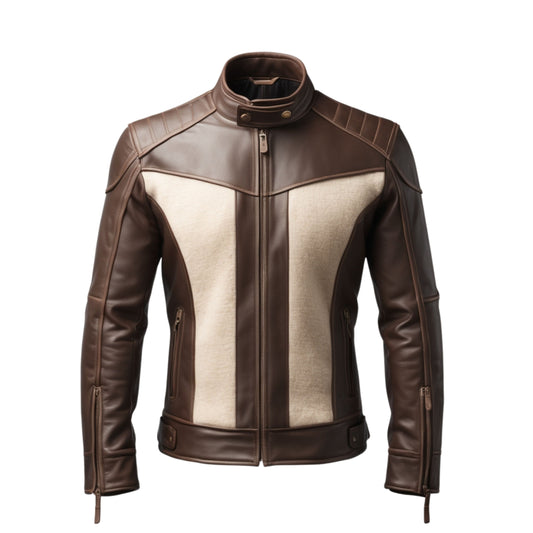 Men's Brown Real Leather Jacket with Beige Panels, Stand Collar, Slim Fit Wear