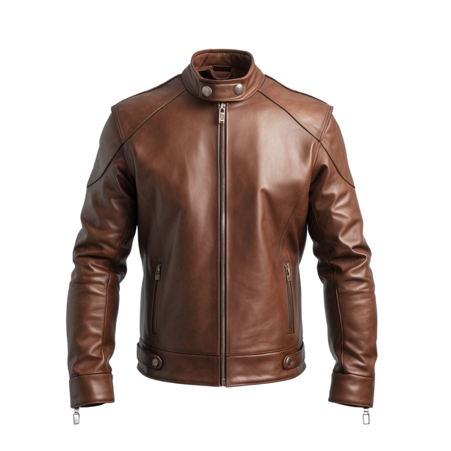 Men's Brown Real Leather Racer Jacket with Stand Collar, Zipper Pockets