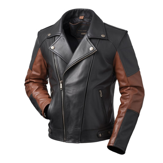 Men's Two-Tone Leather Biker Jacket: Black Body, Brown Sleeves, Asymmetrical Zipper, Silver Hardware