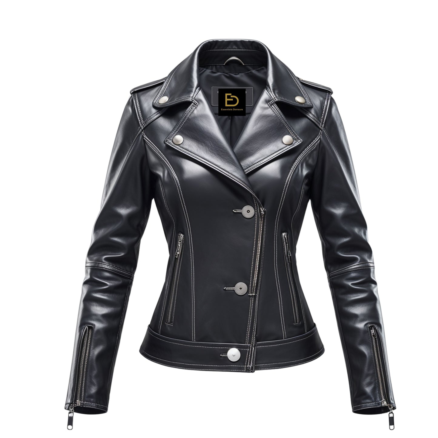 Womens Black Real Leather Biker Jacket: Moto Coat, Silver Hardware, Slim Fit Style