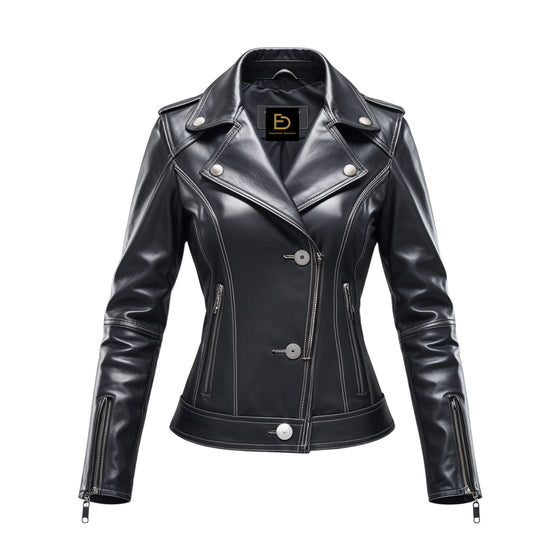 Womens Black Real Leather Biker Jacket: Moto Coat, Silver Hardware, Slim Fit Style