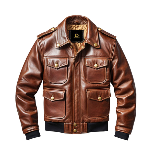 Mens Brown Real Leather Military Style Jacket Button Closure Ribbed Cuffs Stylish Functional Outerwear