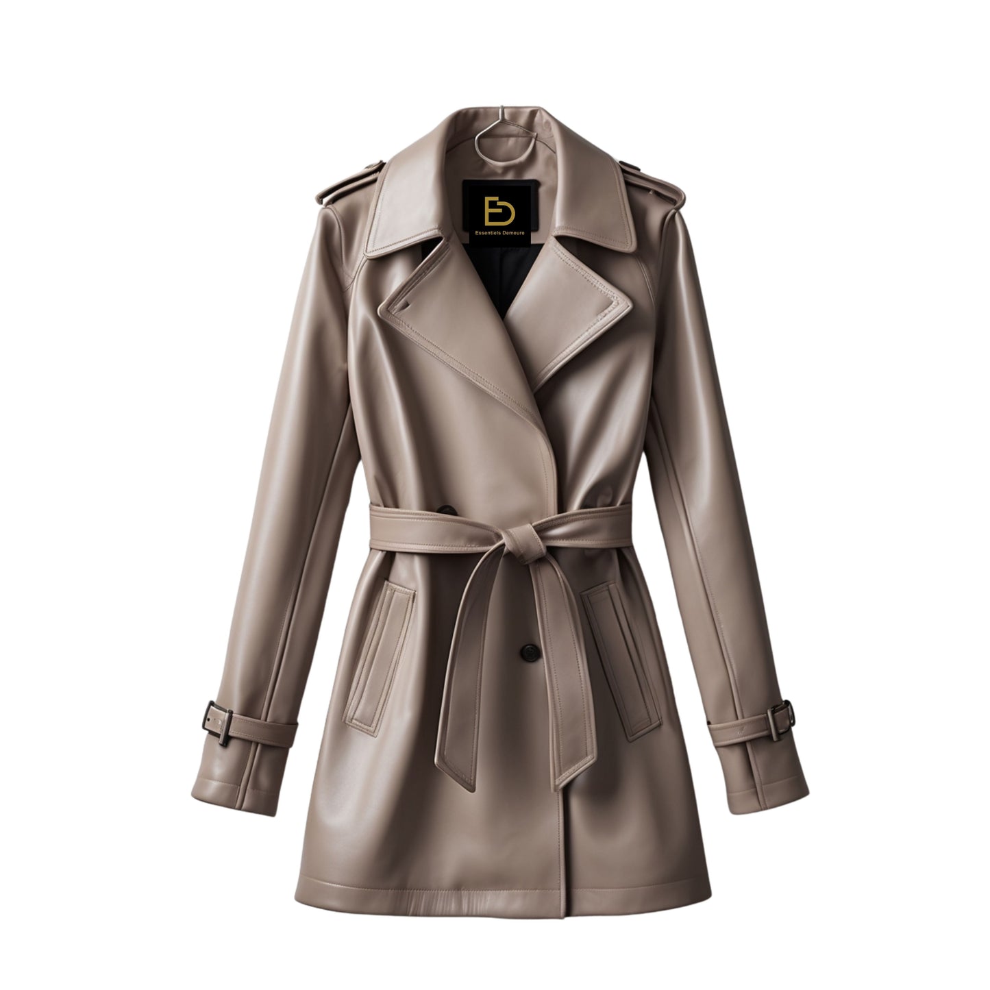 Women's Taupe Leather Trench Coat: Belted, Longline, Elegant Winter Fashion