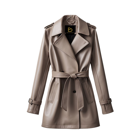 Women's Taupe Leather Trench Coat: Belted, Longline, Elegant Winter Fashion