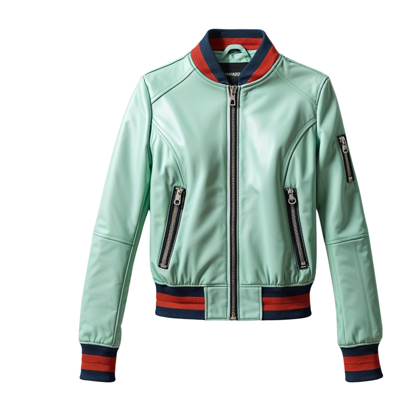 Mint Green Leather Bomber Jacket: Cropped Flight Style, Varsity Collar, Zip Pockets