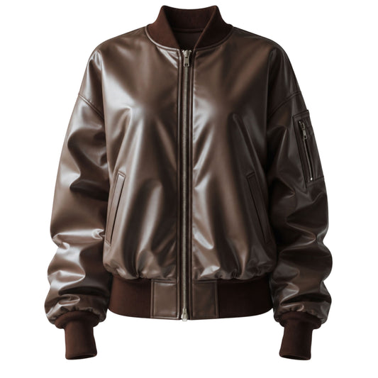 Chocolate Brown Leather Bomber Jacket: Oversized MA-1 Style Outerwear