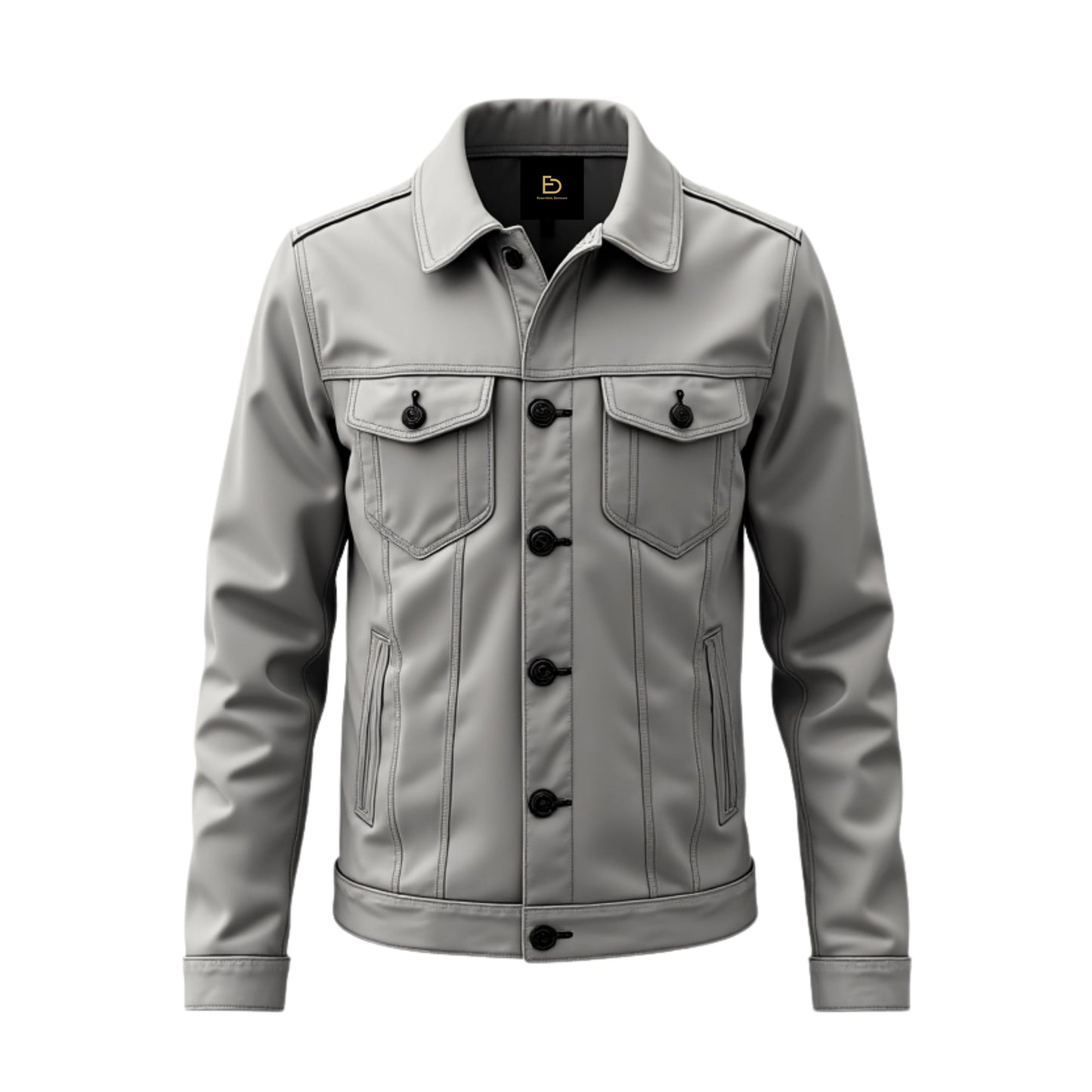 Men's Grey Real Leather Trucker Jacket – Button Closure, Chest Pockets, Stylish Wear