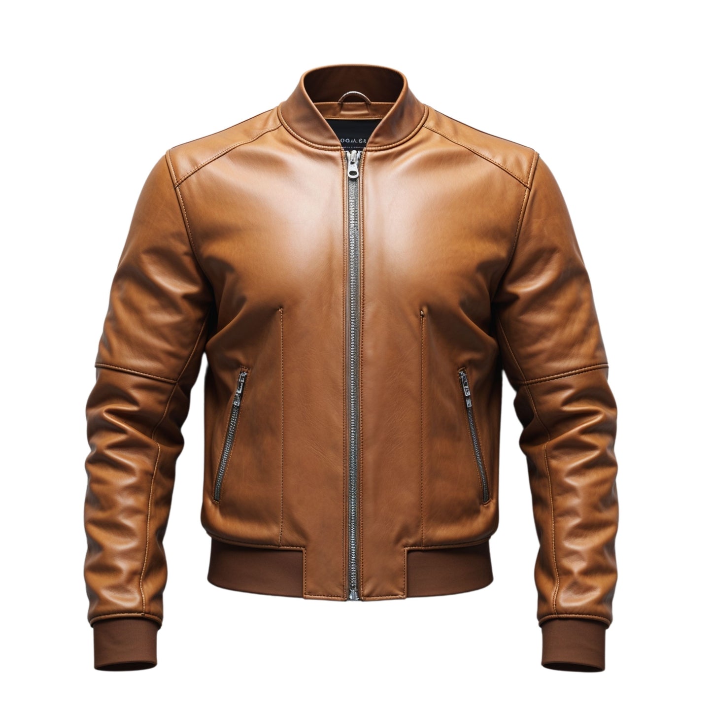 Men's Tan Genuine Leather Bomber Jacket with Zip Detailing and Ribbed Trim