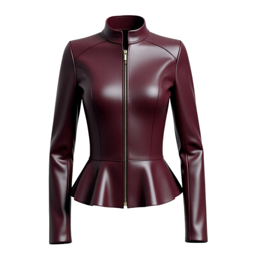 Burgundy Lambskin Leather Peplum Jacket: Fitted Biker Style Outerwear