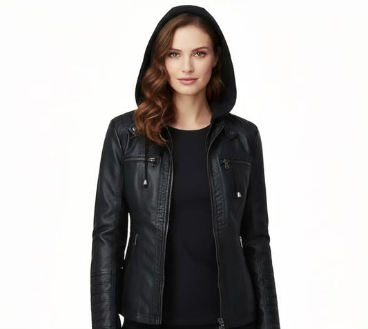 Black Sheepskin Leather Moto Jacket: Women's Slim Fit, Detachable Hood